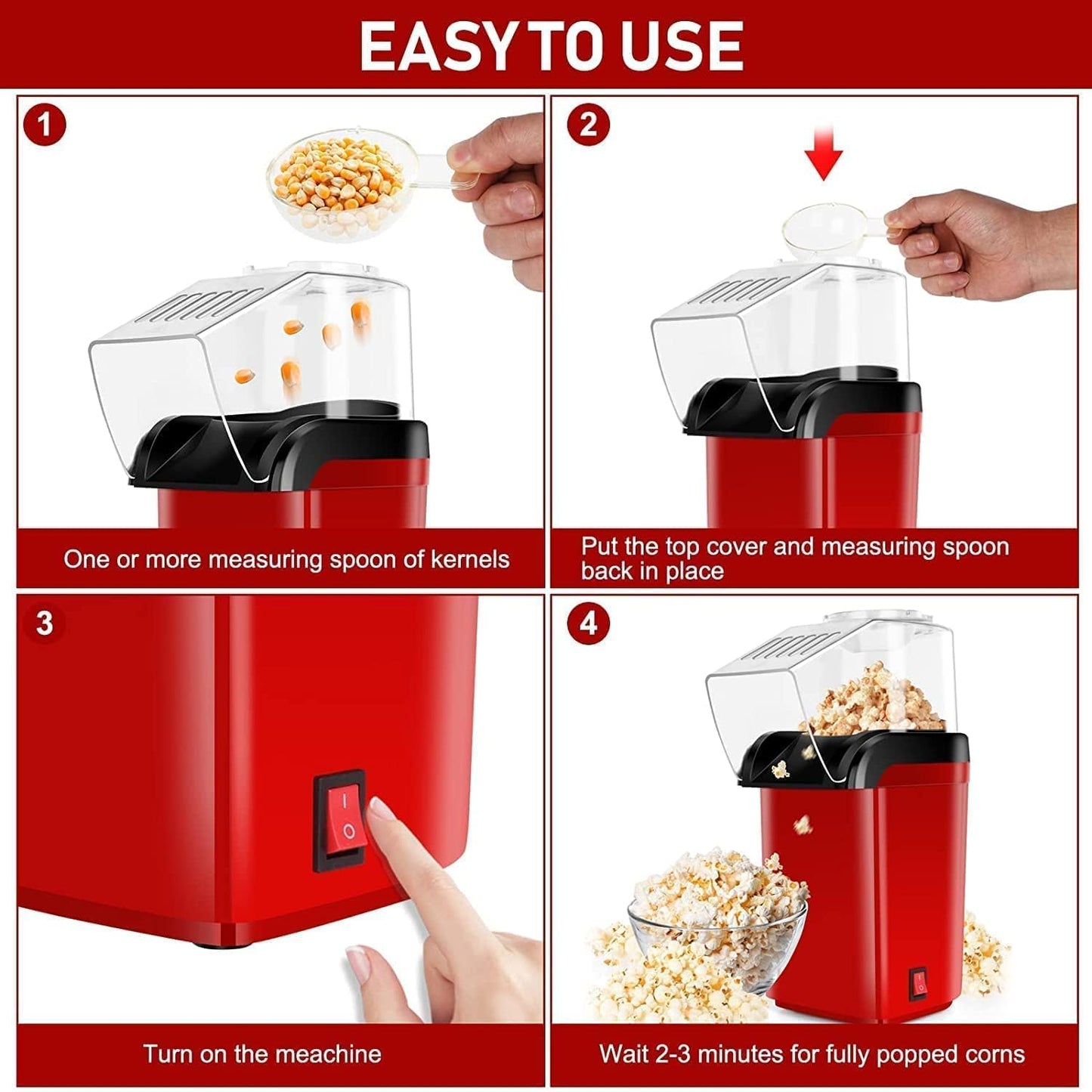 Hot Air Popcorn Maker, Red and Black, Electric Popcorn Machine with Transparent Lid