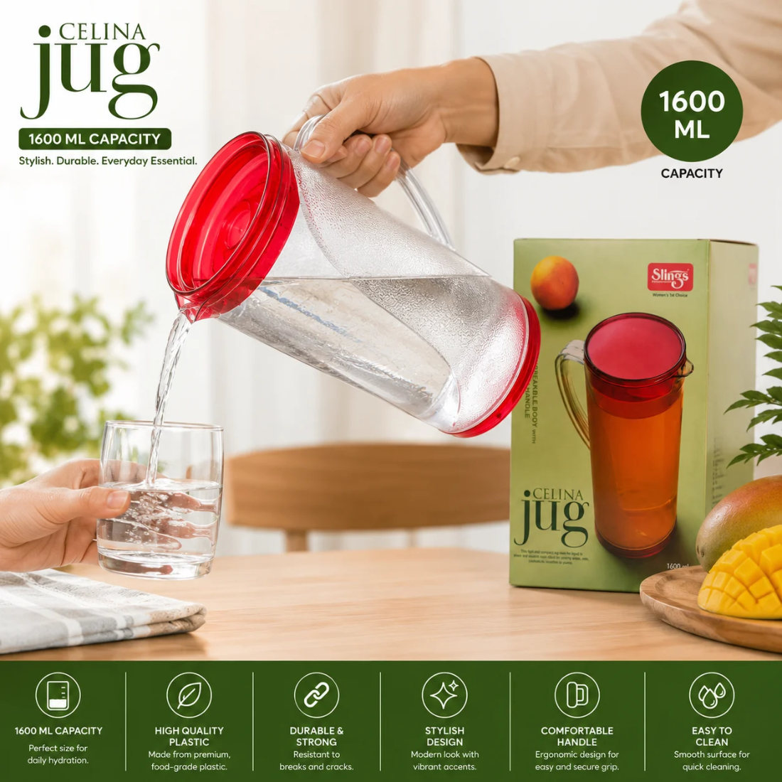 Slings Celina Plastic Water Jug 1600 ML