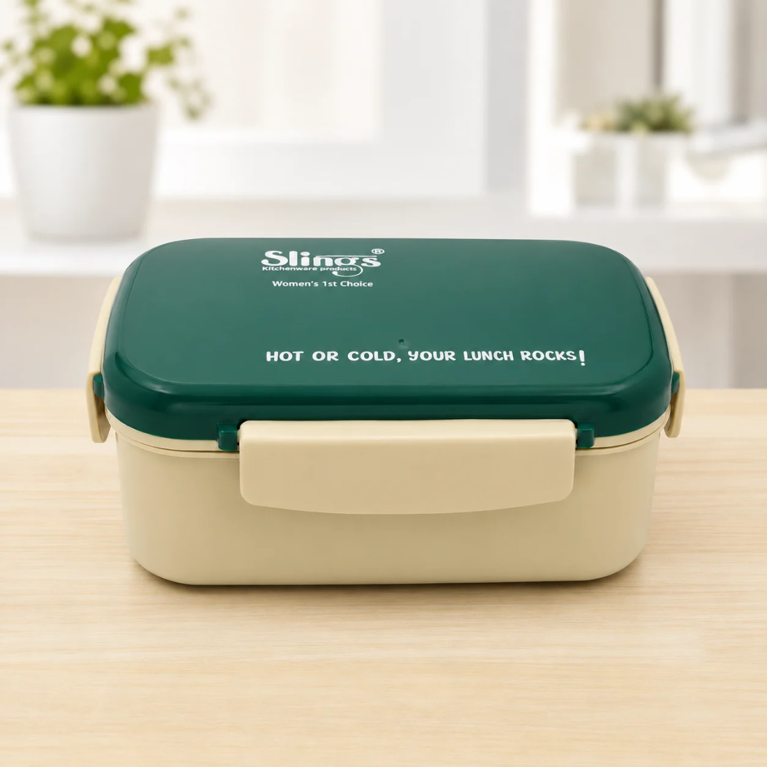Slings Tasty Lunch Box with Spoon | Durable Plastic Lunch ( Dark Green )