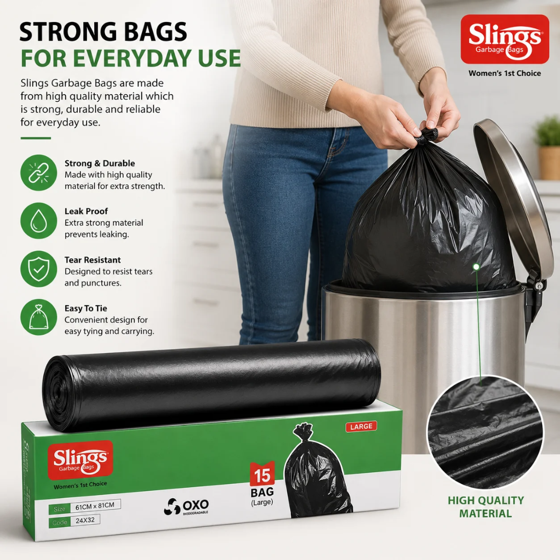Slings Premium Garbage Bags 24 x 32 Inch Pack of 3 (45 Bags Total)
