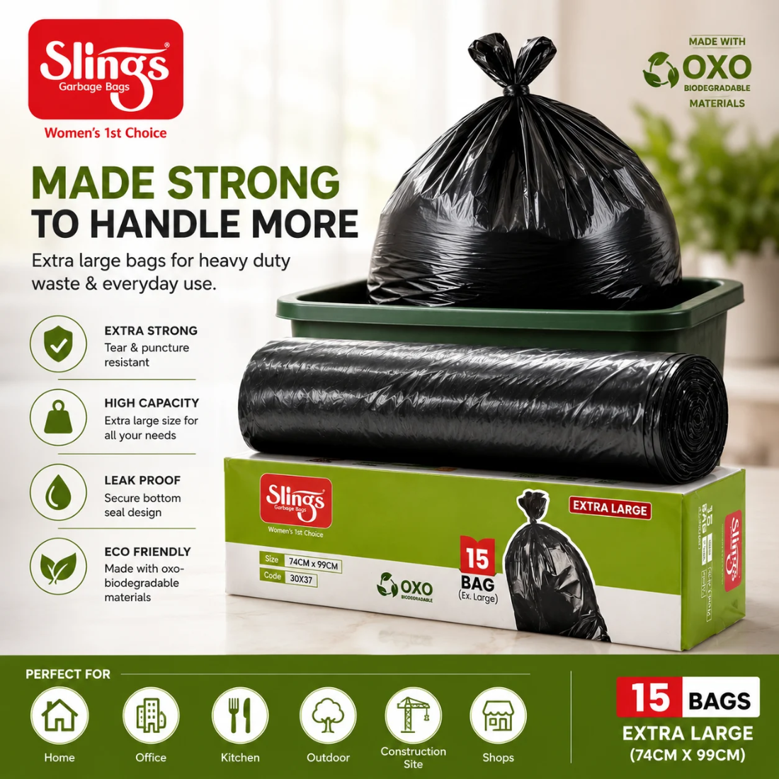 Slings Garbage Bags Extra Large 30 x 37 Inch (15 Bags Pack)