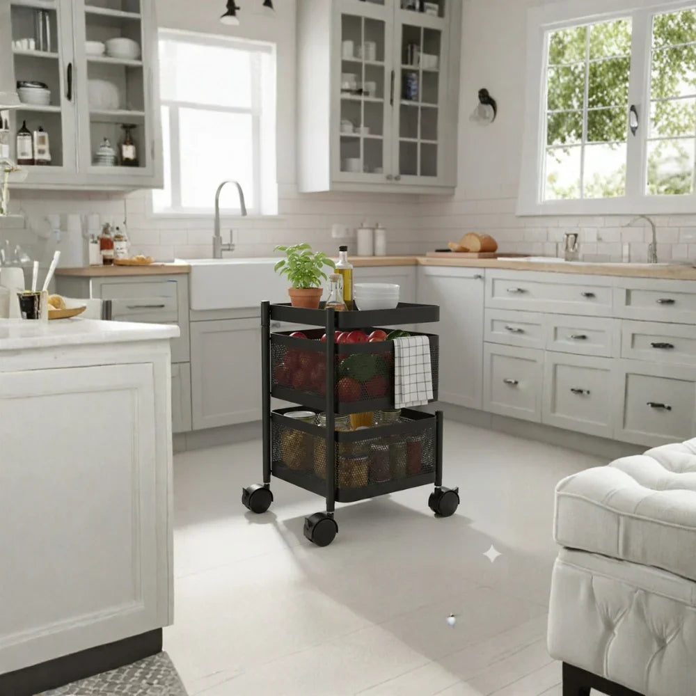 TINUMS Kitchen Square Organizer Trolley – 2 Layer (Black)
