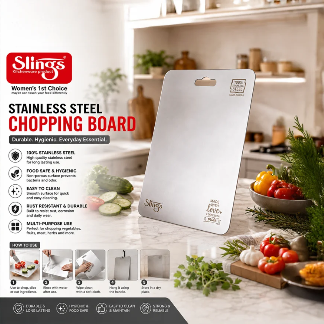 Slings Stainless Steel Big Chopping Board