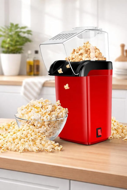 Hot Air Popcorn Maker, Red and Black, Electric Popcorn Machine with Transparent Lid