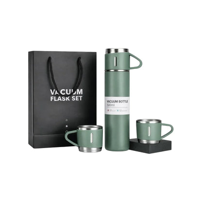 Tinums Vacuum Flask with Cups Set (Green)