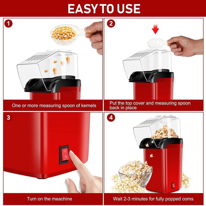 Hot Air Popcorn Maker, Red and Black, Electric Popcorn Machine with Transparent Lid