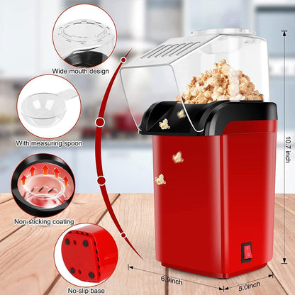 Hot Air Popcorn Maker, Red and Black, Electric Popcorn Machine with Transparent Lid
