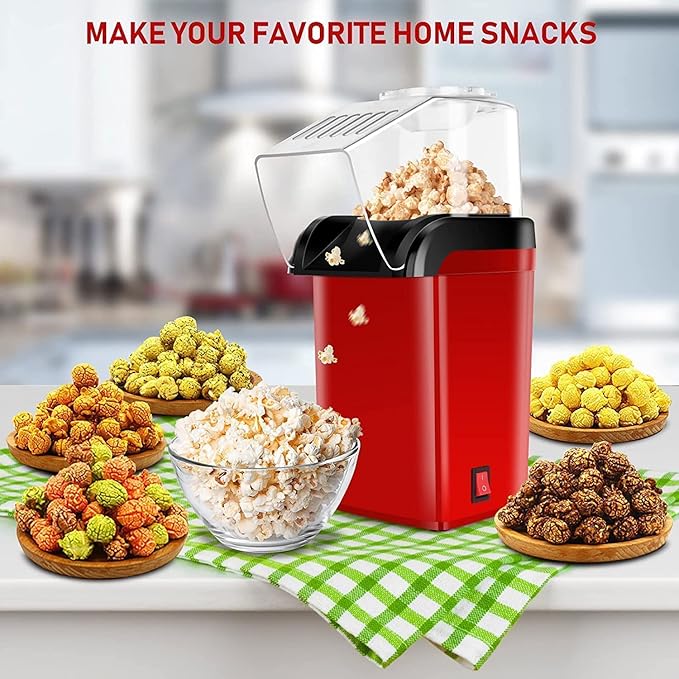 Hot Air Popcorn Maker, Red and Black, Electric Popcorn Machine with Transparent Lid