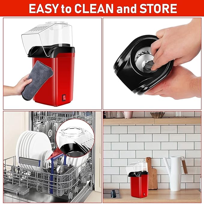 Hot Air Popcorn Maker, Red and Black, Electric Popcorn Machine with Transparent Lid