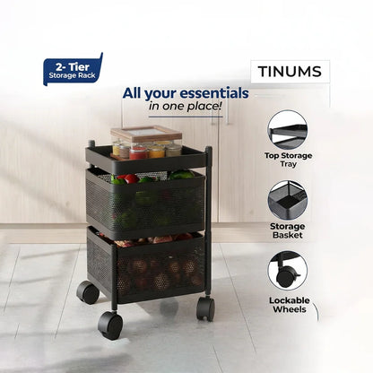 TINUMS Kitchen Square Organizer Trolley – 2 Layer (Black)