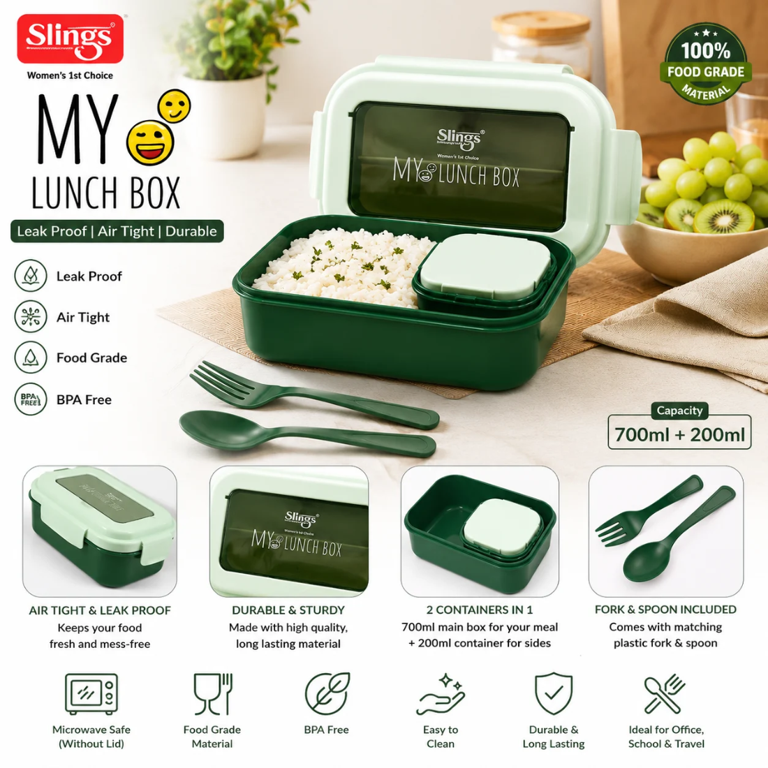 Slings My Lunch Box 700ml + 200ml Airtight Lunch Box with Fork & Spoon
