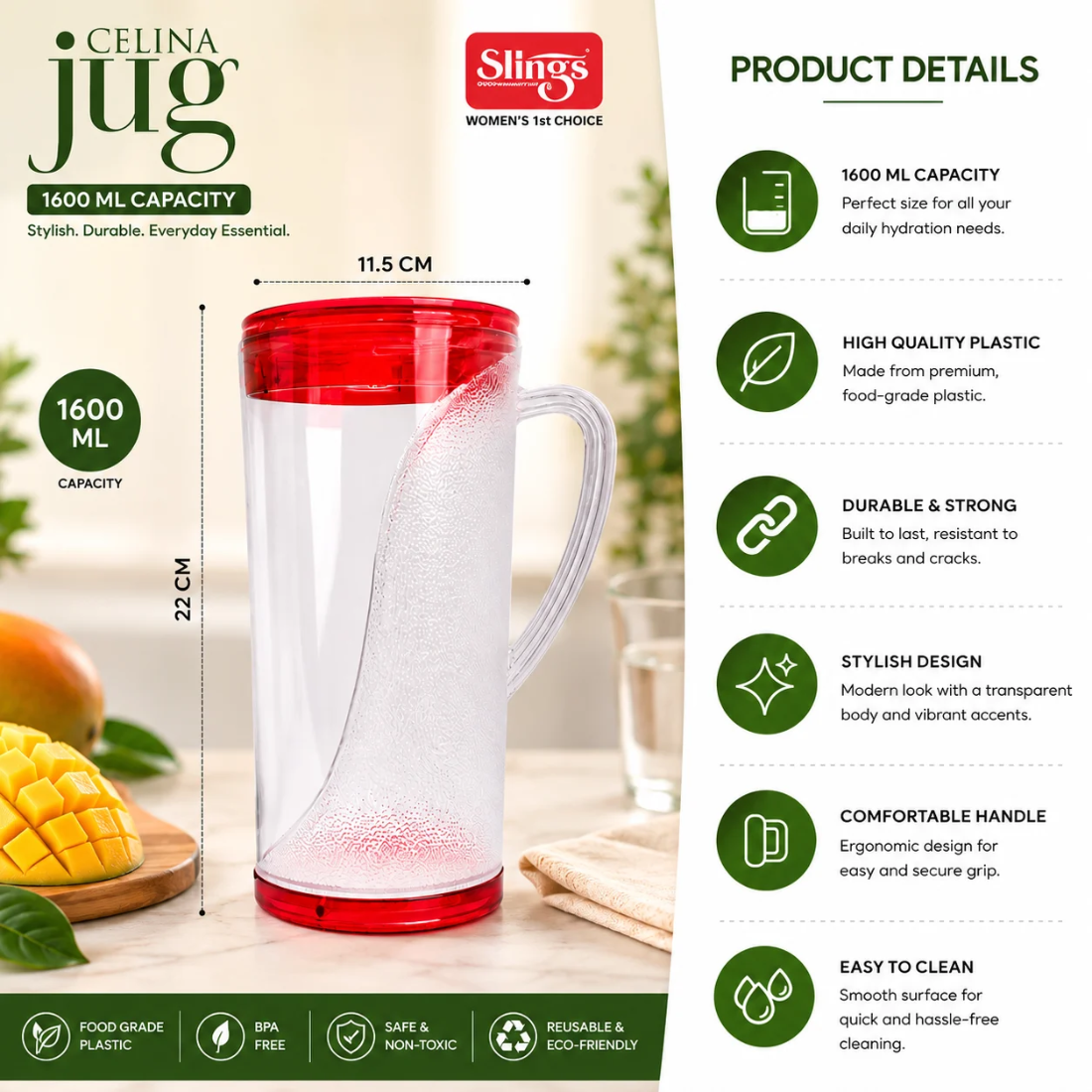 Slings Celina Plastic Water Jug 1600 ML