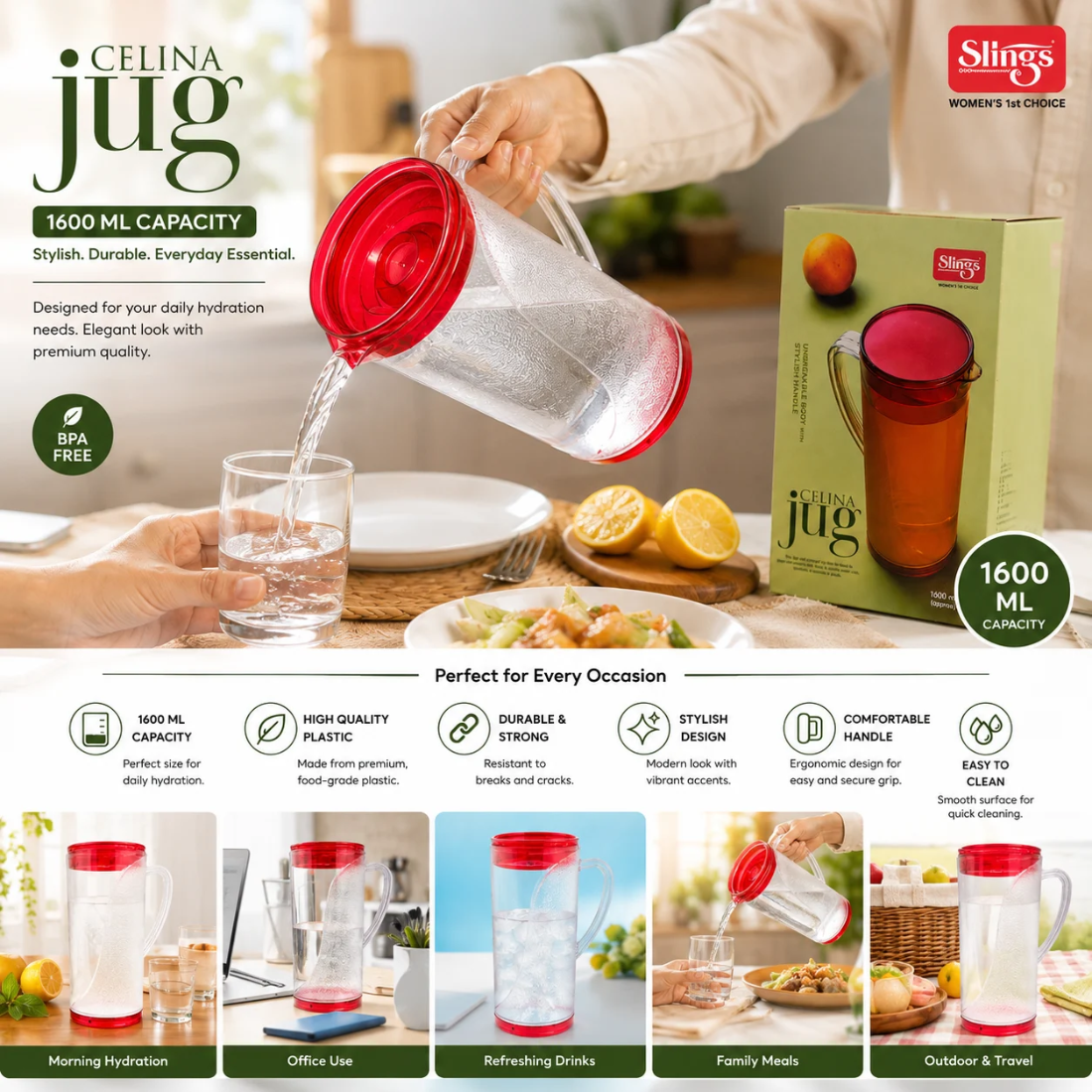 Slings Celina Plastic Water Jug 1600 ML