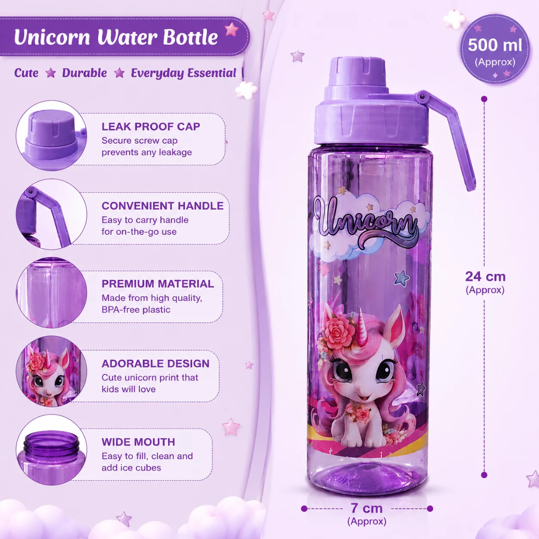 Slings Sip Star Unicorn Water Bottle 500 ml ( Purple )