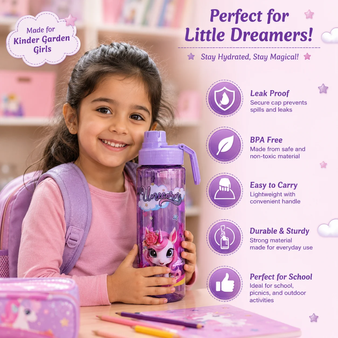 Slings Sip Star Unicorn Water Bottle 500 ml ( Purple )
