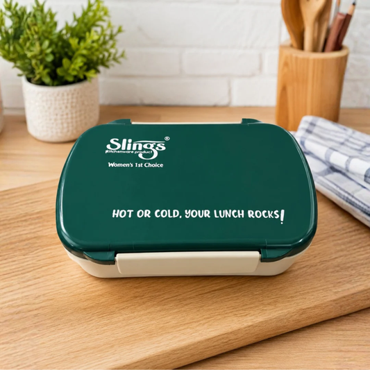 Slings Tasty Lunch Box with Spoon | Durable Plastic Lunch ( Dark Green )