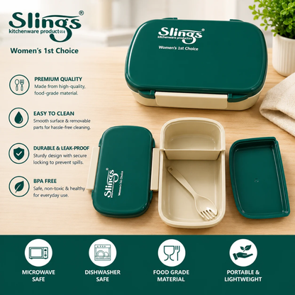 Slings Tasty Lunch Box with Spoon | Durable Plastic Lunch ( Dark Green )