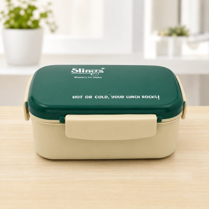 Slings Tasty Lunch Box with Spoon | Durable Plastic Lunch ( Dark Green )
