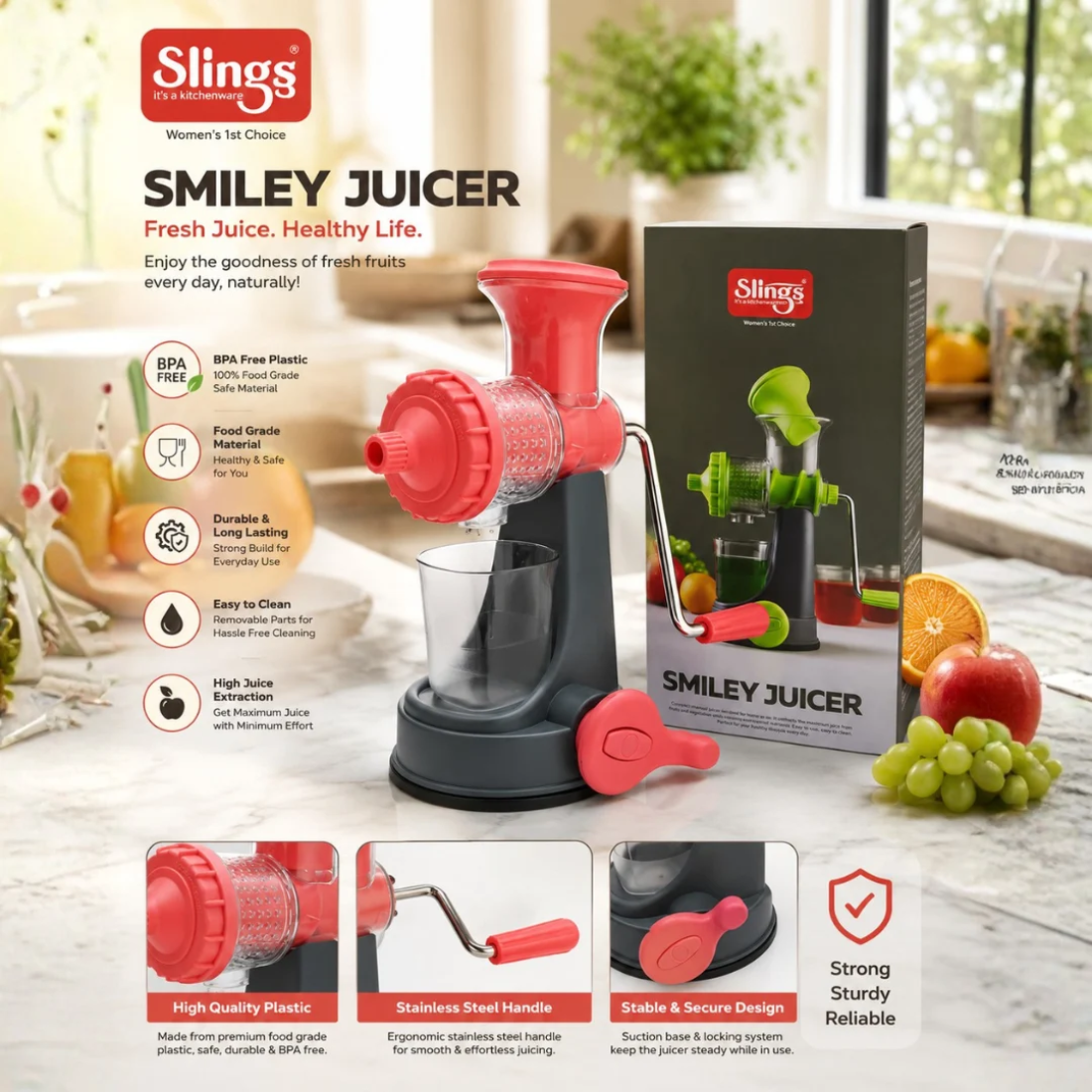 Slings Smiley Juicer Manual Juice Extractor with Stainless Steel Handle ( Pink )