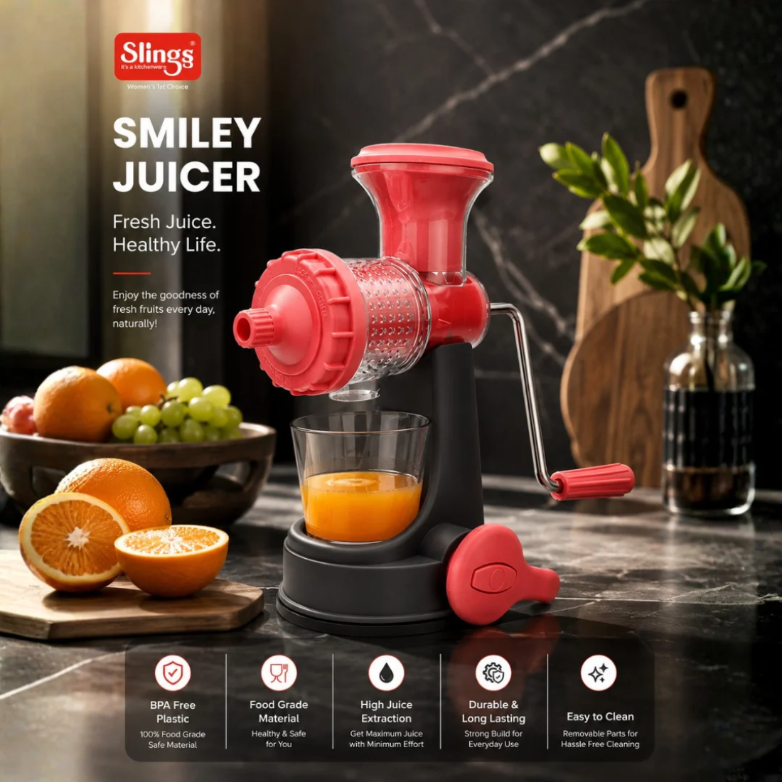 Slings Smiley Juicer Manual Juice Extractor with Stainless Steel Handle ( Pink )