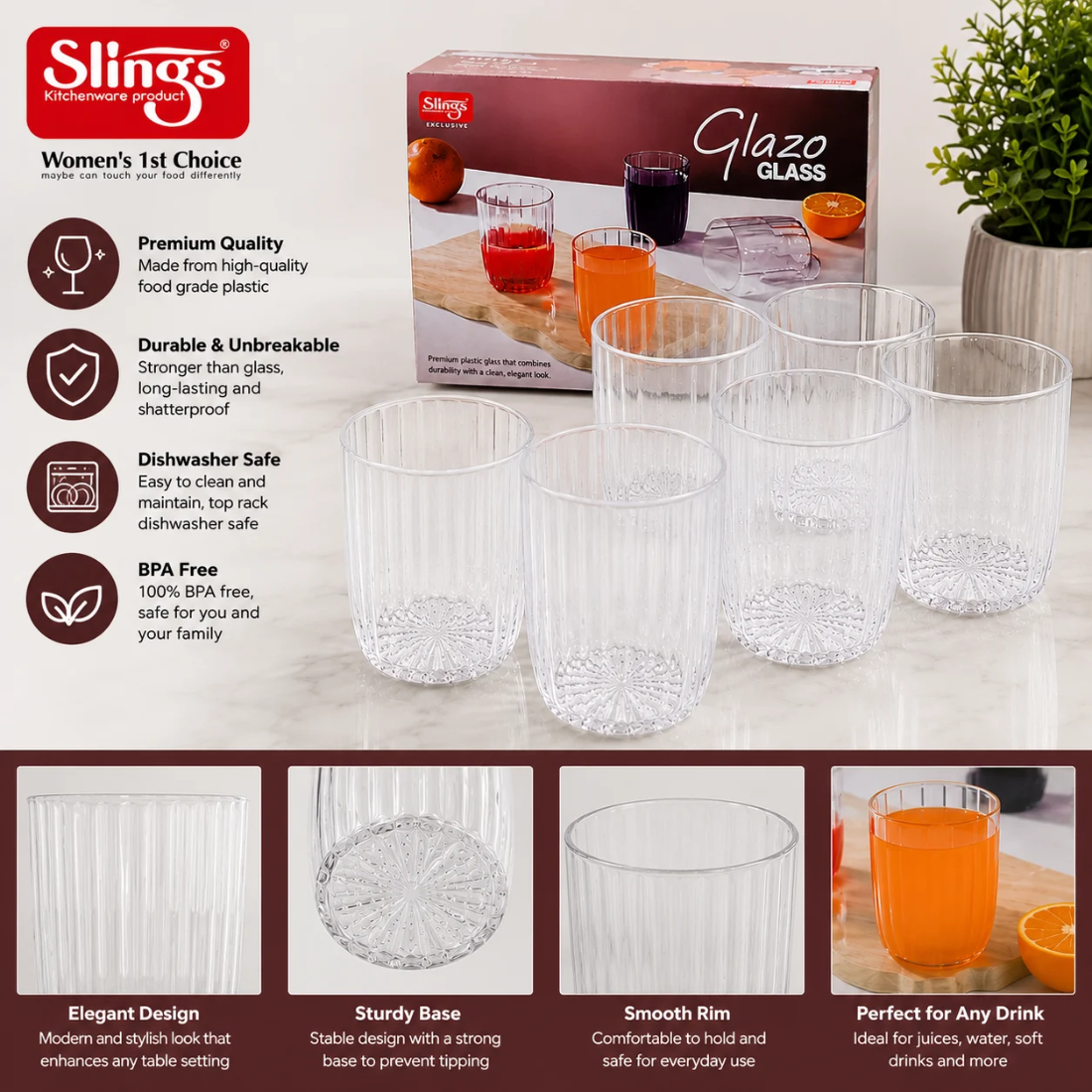 Slings Glazo Premium Plastic Drinking Glass Set of 6