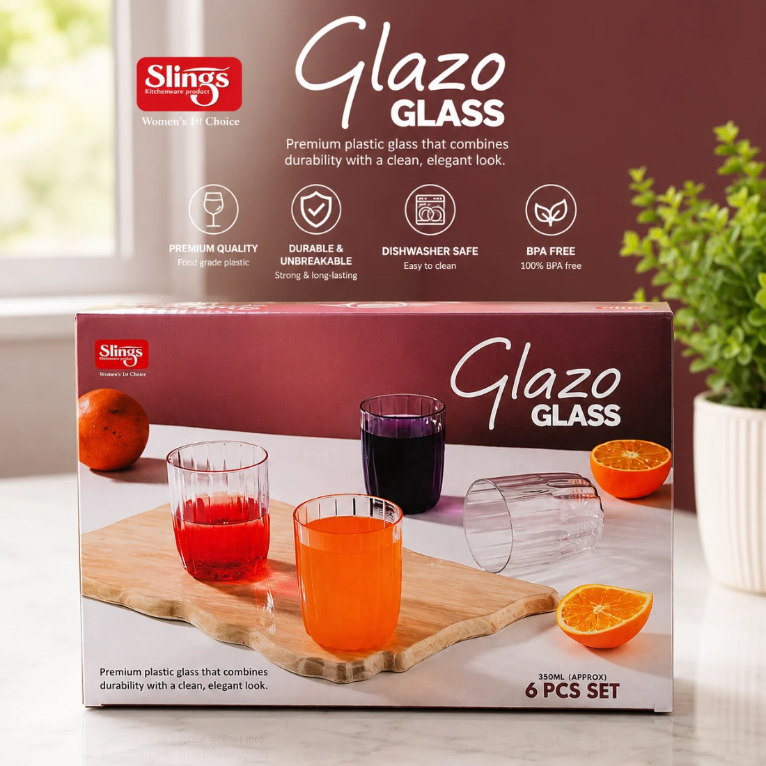 Slings Glazo Premium Plastic Drinking Glass Set of 6