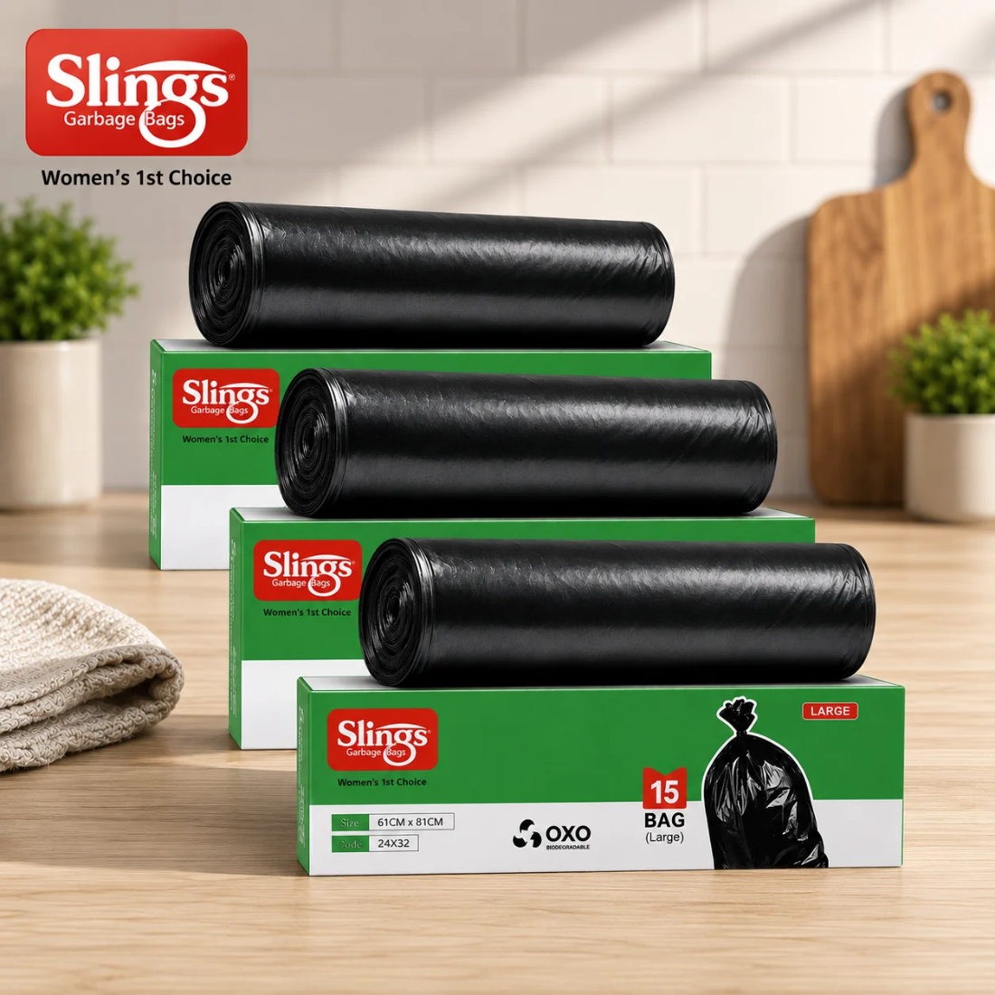 Slings Premium Garbage Bags 24 x 32 Inch Pack of 3 (45 Bags Total)