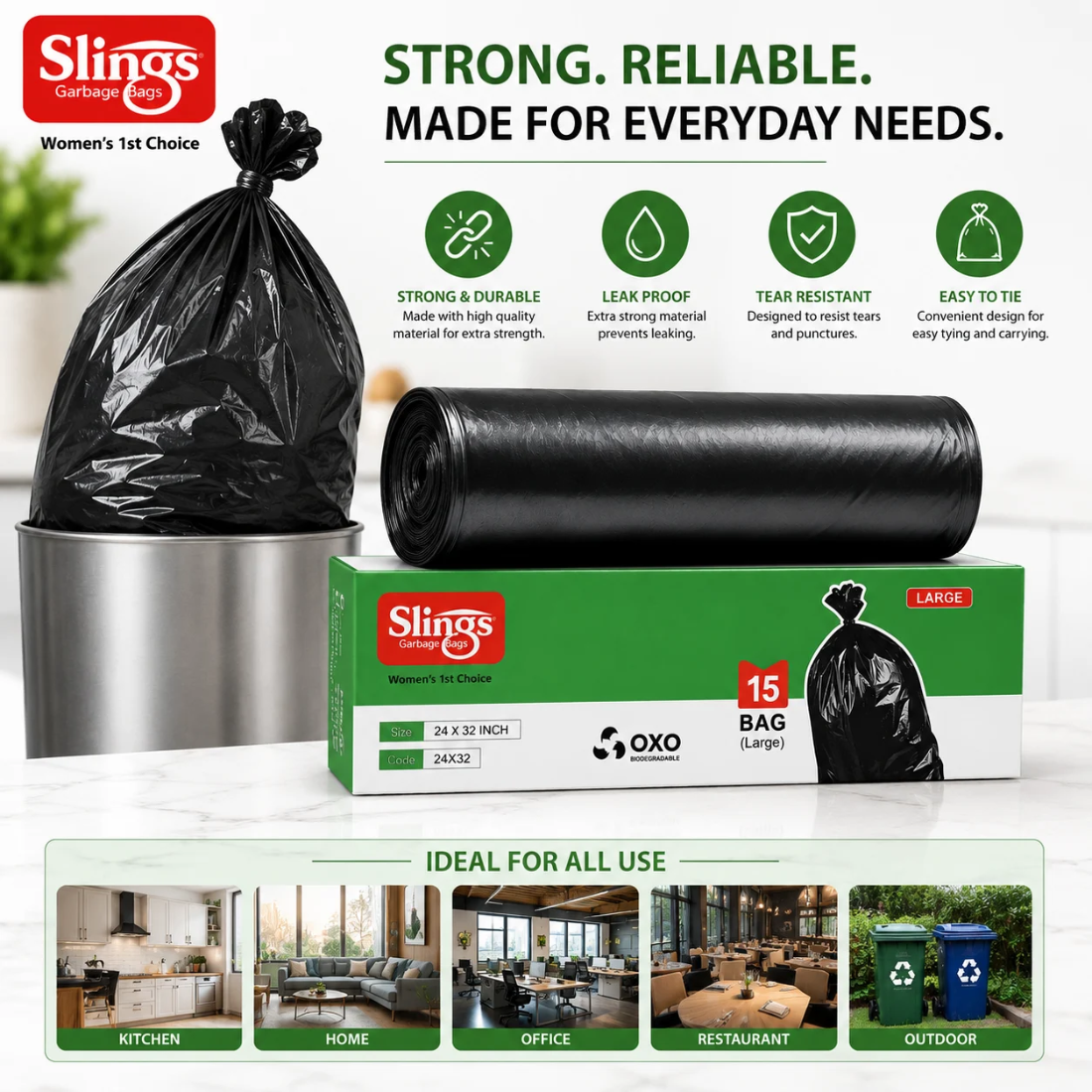 Slings Premium Garbage Bags 24 x 32 Inch Pack of 3 (45 Bags Total)