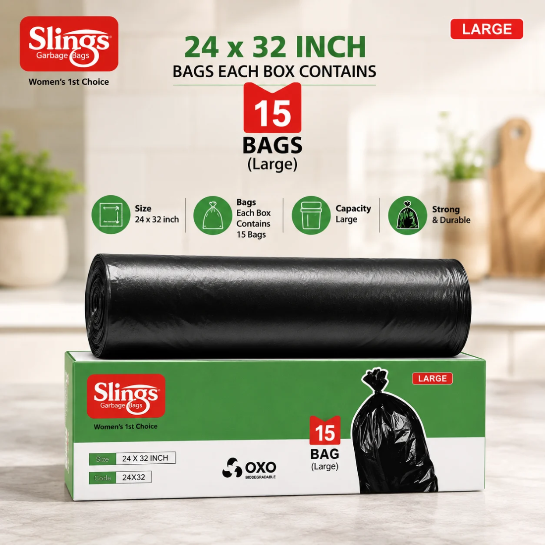 Slings Premium Garbage Bags 24 x 32 Inch Pack of 3 (45 Bags Total)