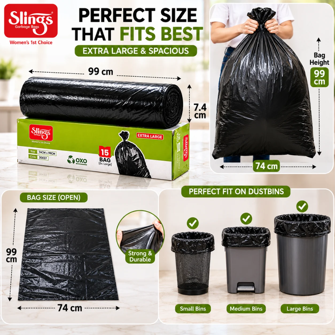 Slings Garbage Bags Extra Large 30 x 37 Inch (15 Bags Pack)