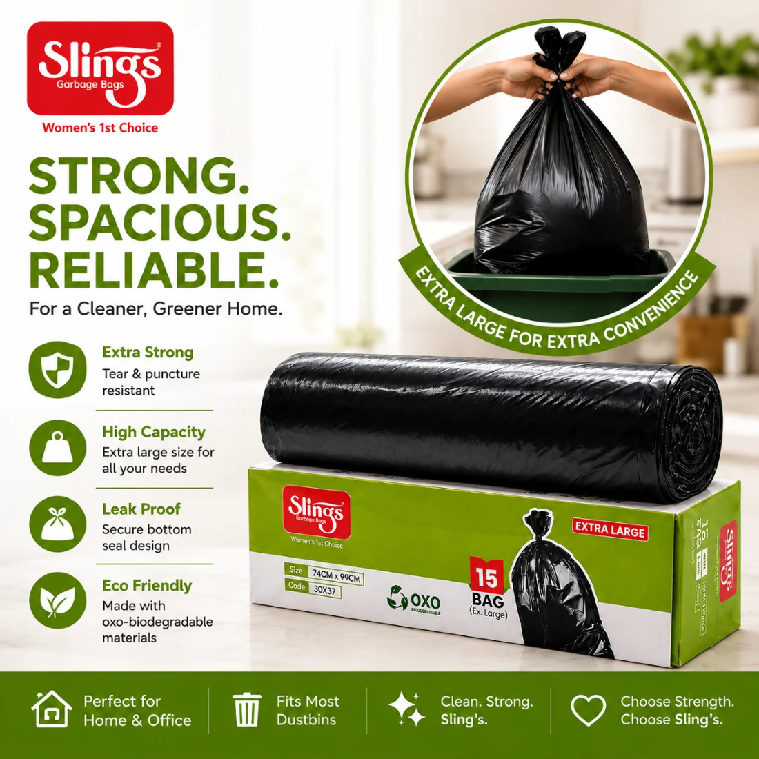 Slings Garbage Bags Extra Large 30 x 37 Inch (15 Bags Pack)