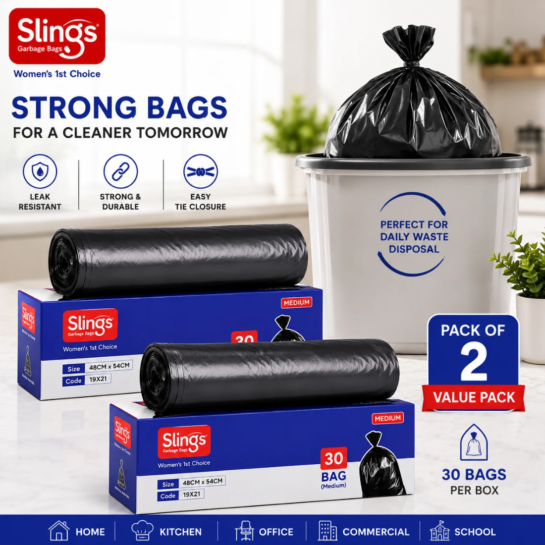 Slings Medium Garbage Bags 48 x 54 cm (Pack of 2 Boxes)