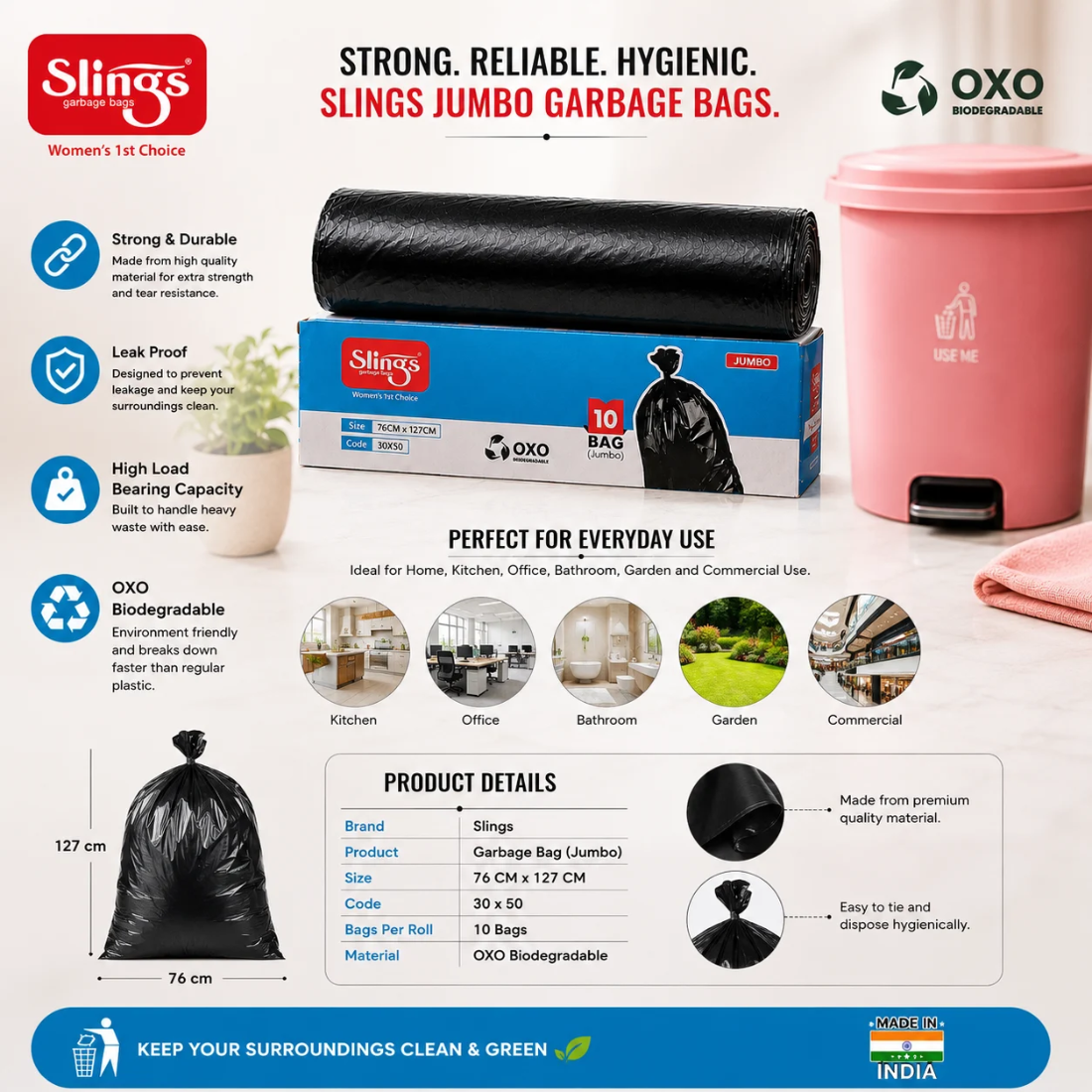 Slings Jumbo Garbage Bags 76 x 127 cm | 10 Bags Roll