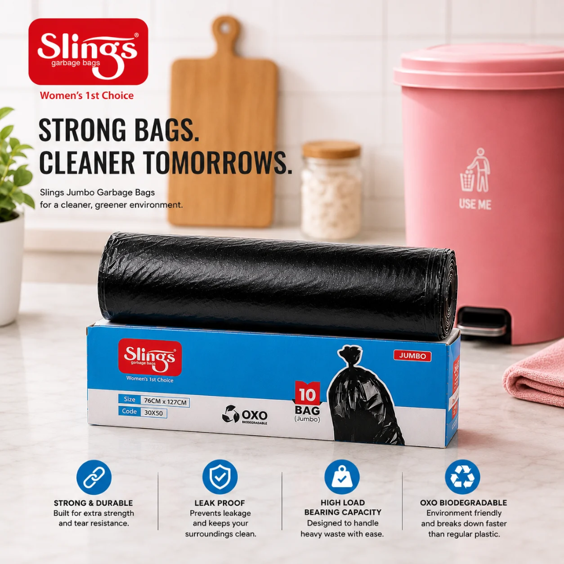 Slings Jumbo Garbage Bags 76 x 127 cm | 10 Bags Roll