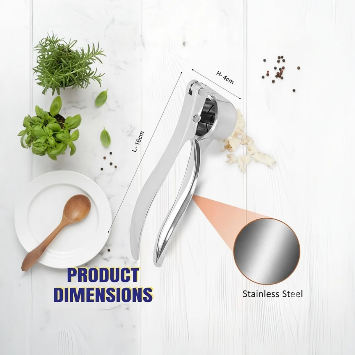 Tinums Multi-Function Manual Garlic Press (Stainless Steel)