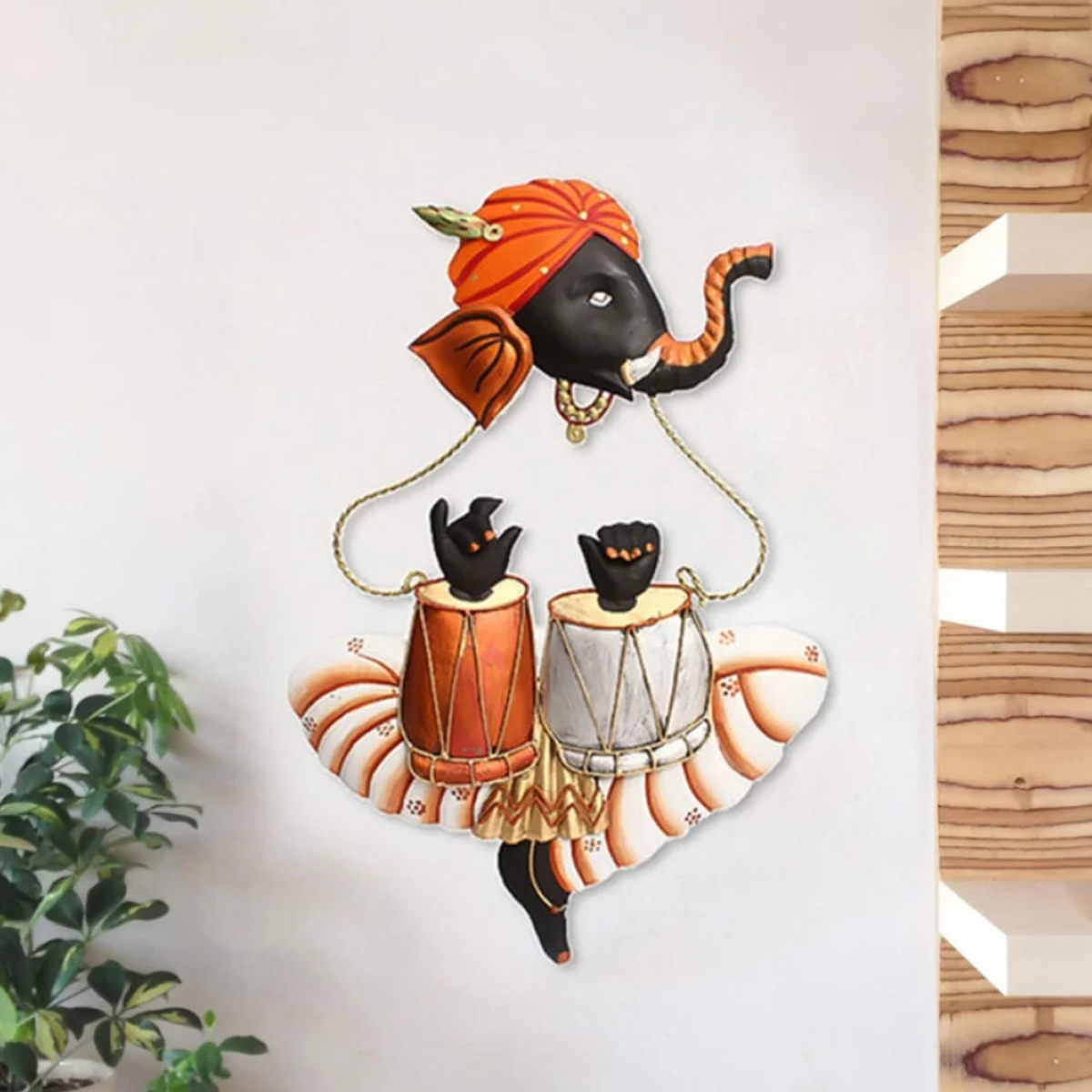 Lord Ganesha Playing Tabla Wall Decor (Orange) - Tinums