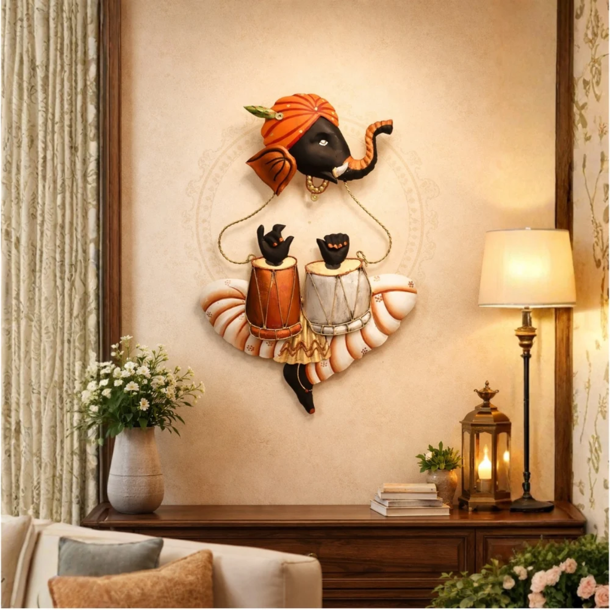 Lord Ganesha Playing Tabla Wall Decor (Orange) - Tinums