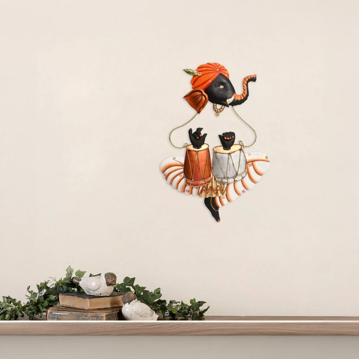 Lord Ganesha Playing Tabla Wall Decor (Orange) - Tinums
