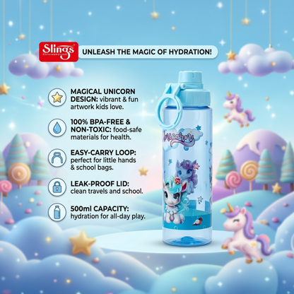 Slings Sip Star Magical Unicorn Kids Water Bottle 500 ml (Blue)