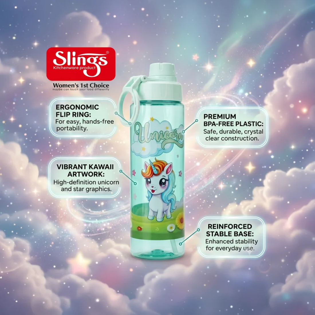 Slings Sip Star Magical Unicorn Kids Water Bottle (Green)
