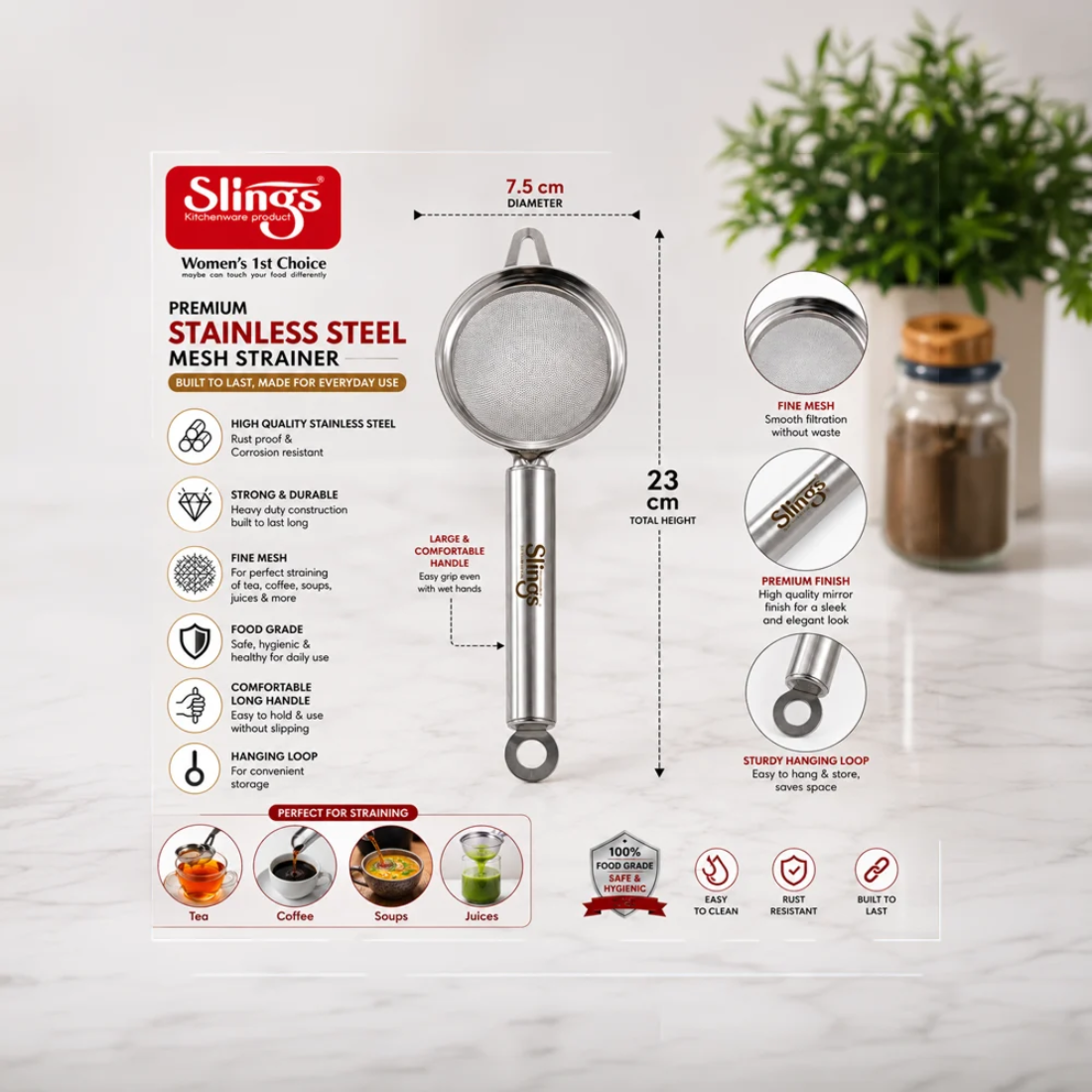 Slings Ultra Fine Mesh Tea Strainer for Kitchen