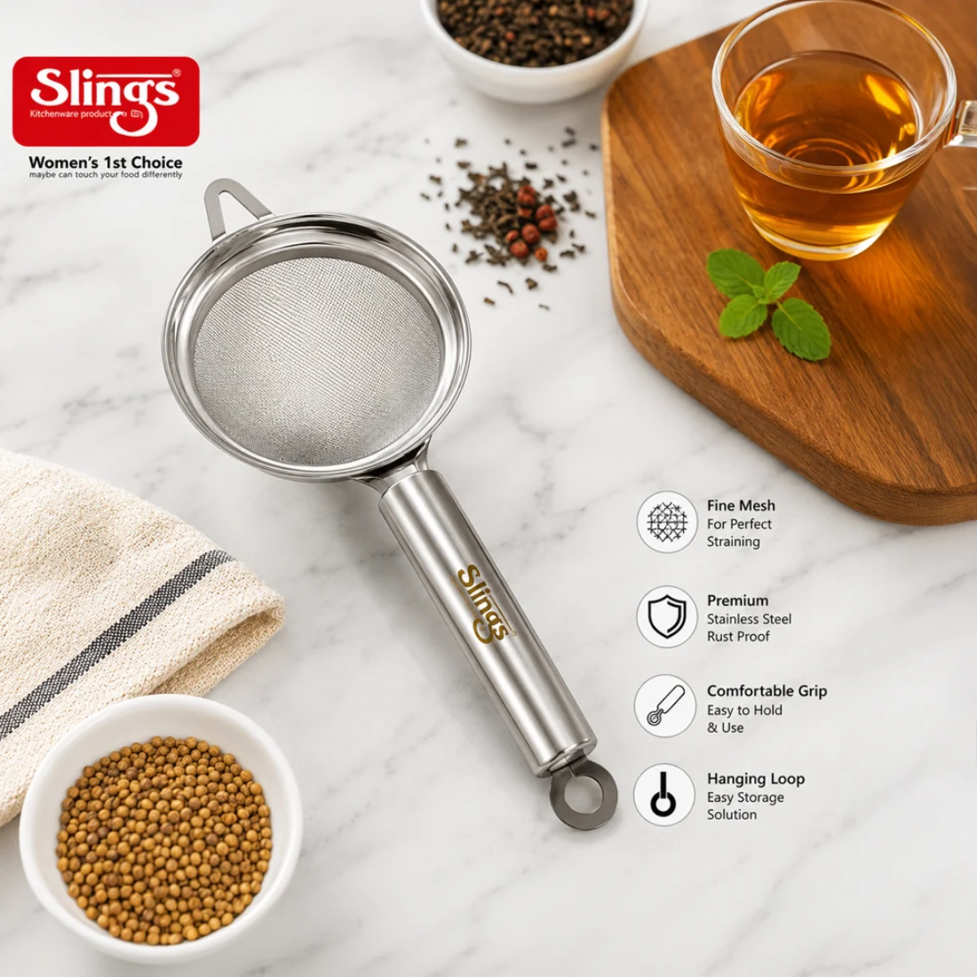 Slings Ultra Fine Mesh Tea Strainer for Kitchen