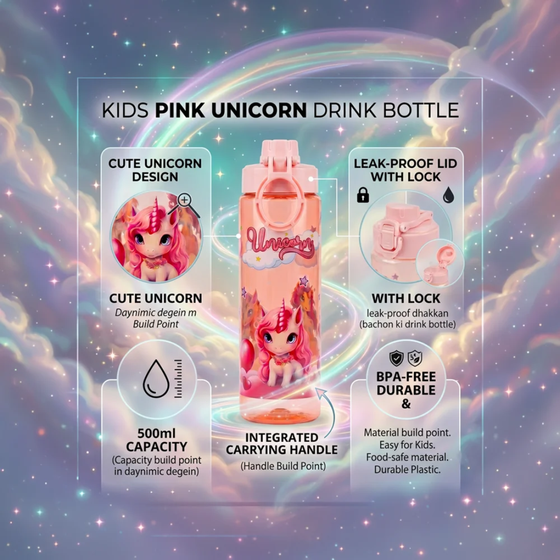 Slings Sip Star Magical Unicorn Kids Water Bottle 500 ml (BPA Free, Leakproof) Pink