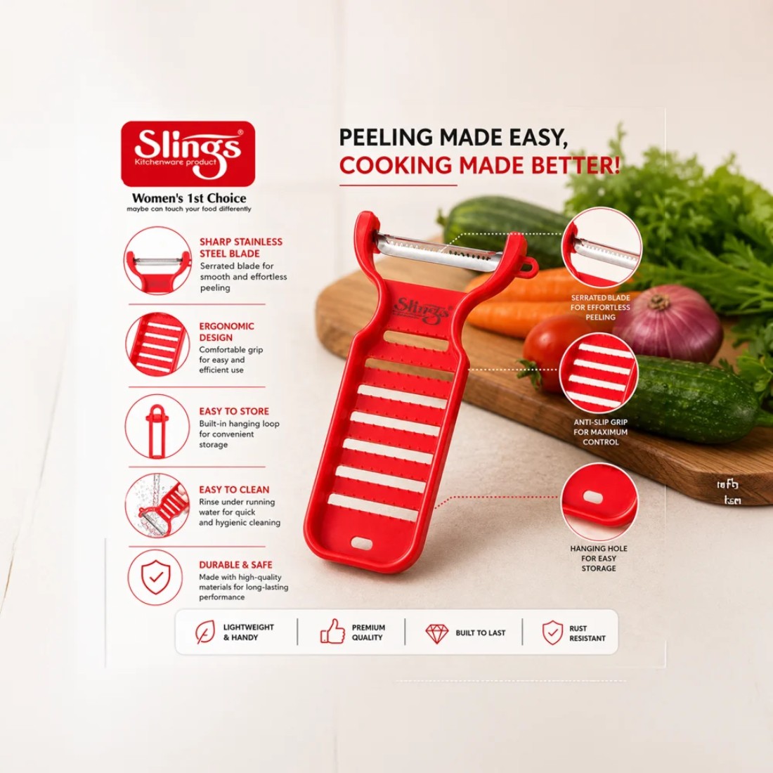 Slings Stainless Steel Vegetable Peeler | Sharp Serrated Blade