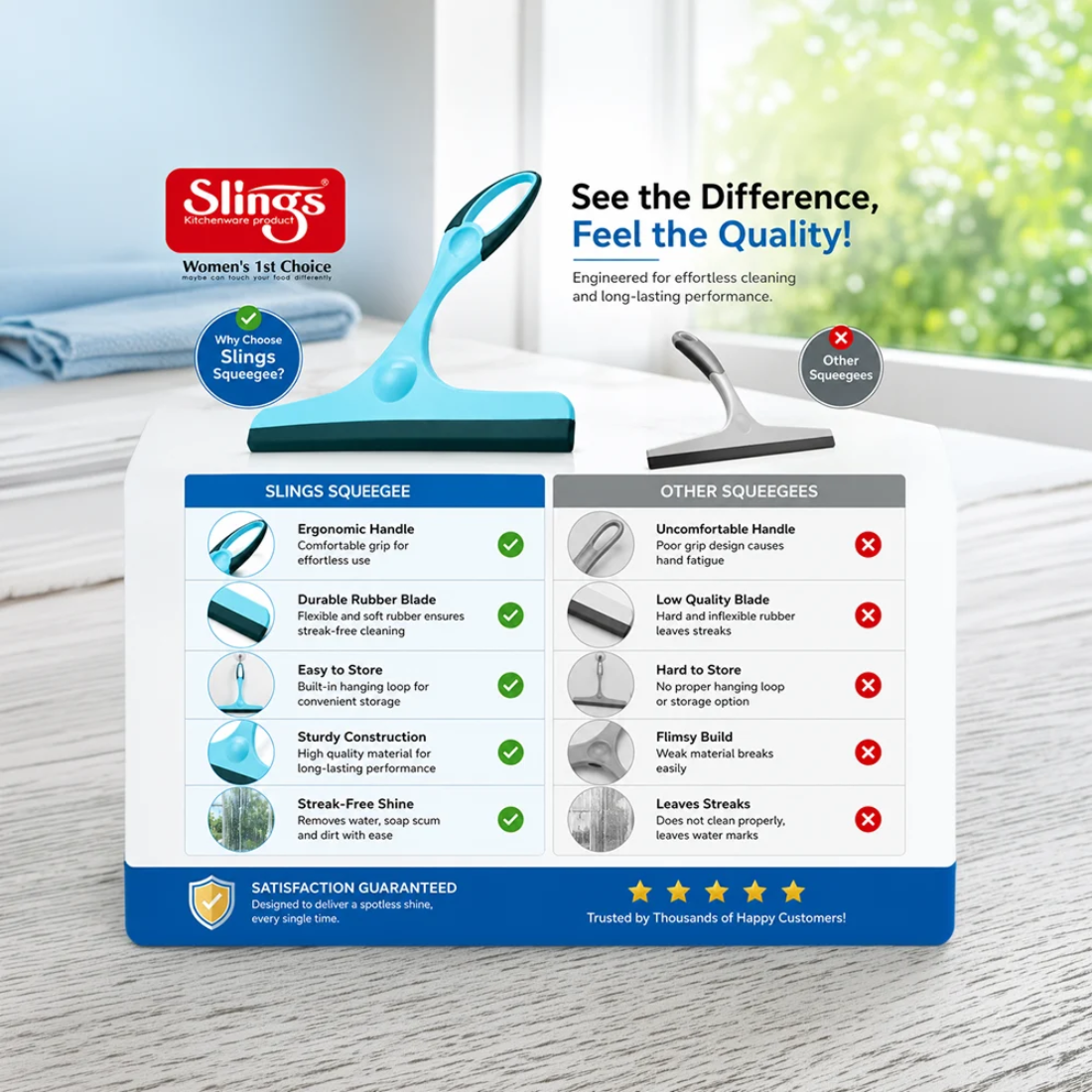 Slings Premium Window & Glass Cleaning Squeegee