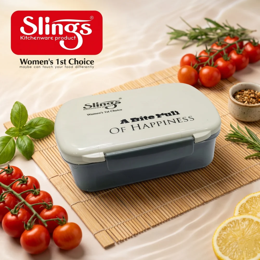 Slings Tasty Lunch Box with Spoon | Durable Plastic Lunch ( Grey )