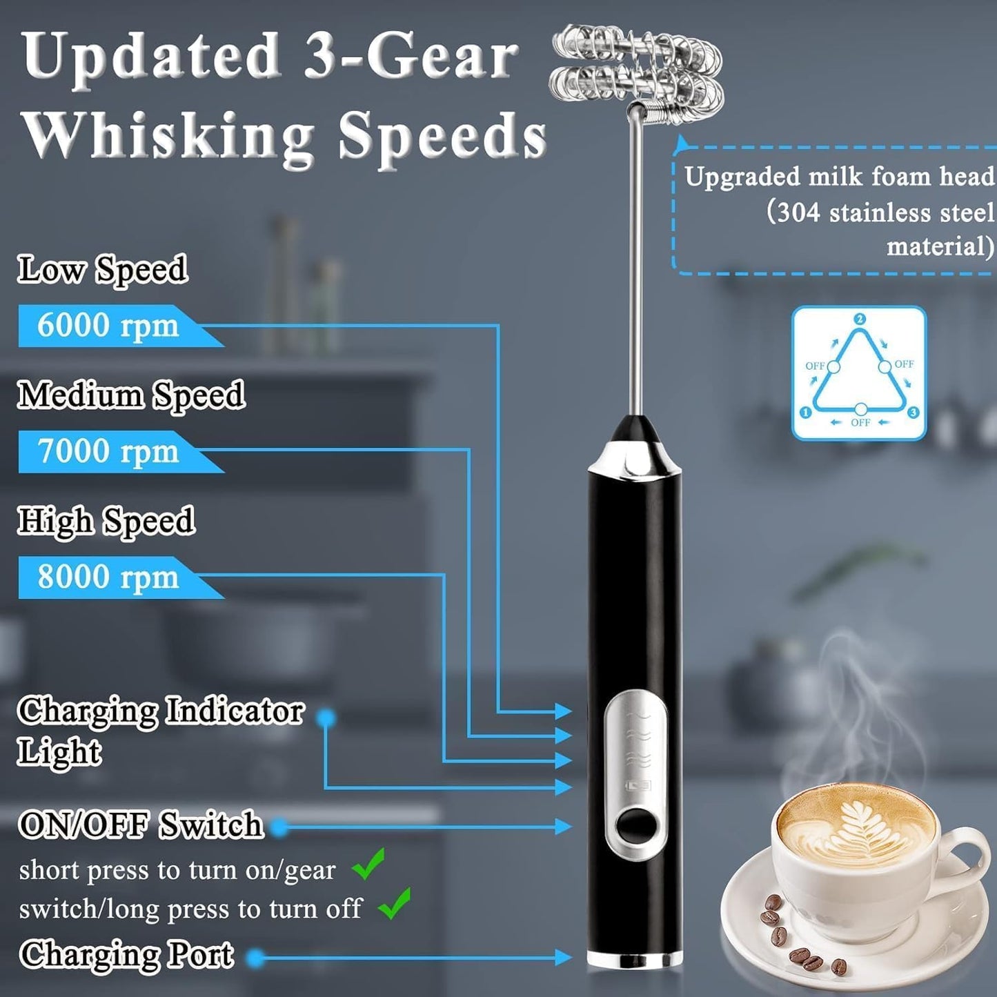 Rechargeable Coffee Beater Handheld Milk Frother | Stainless Steel Whisk