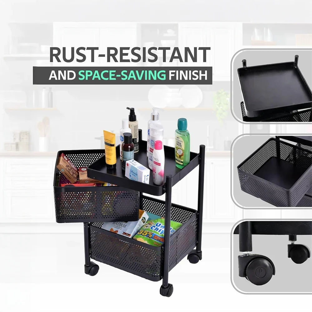 TINUMS Kitchen Square Organizer Trolley – 2 Layer (Black)