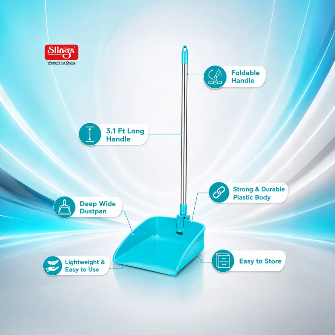 Slings Dust Pan With Steek Foldable Long Handle